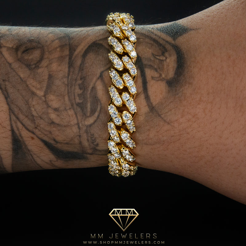 12mm Cuban Prong Link Bracelet in Yellow Gold