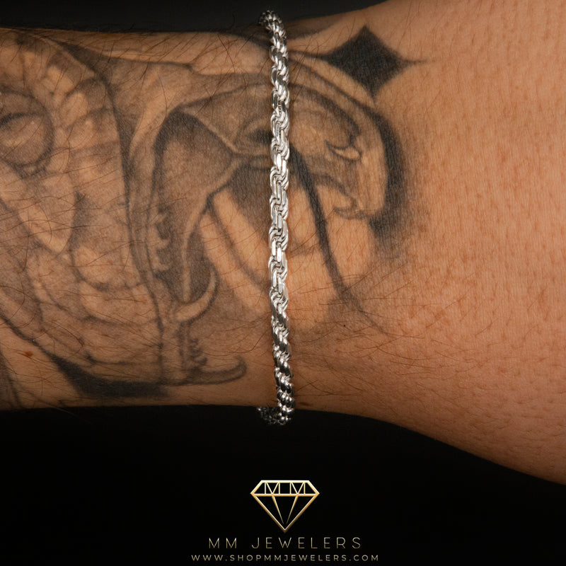 3mm Diamond Cut Rope Chain Bracelet in White Gold