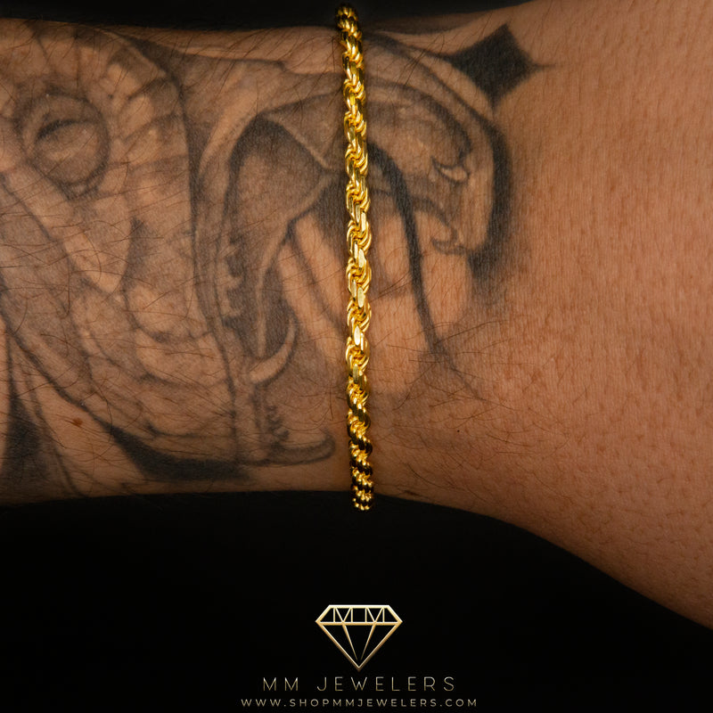 3mm Diamond Cut Rope Chain Bracelet in Yellow Gold
