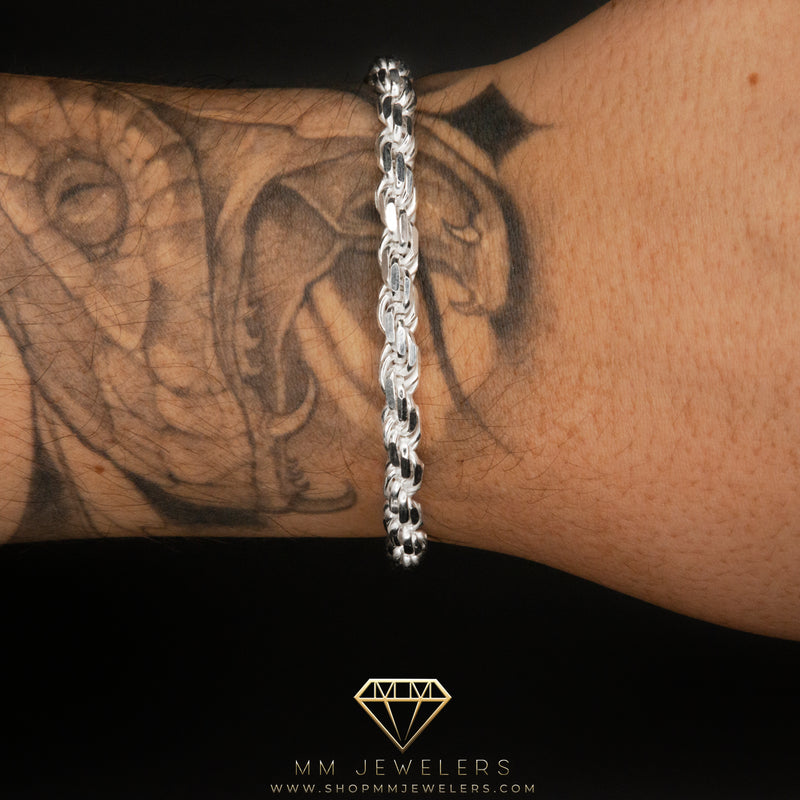 6mm Diamond Cut Rope Chain Bracelet in White Gold