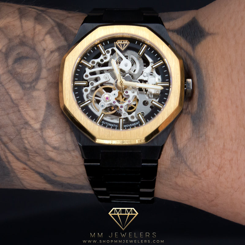 MMJ Skeleton Automatic Timepiece in Black & Gold
