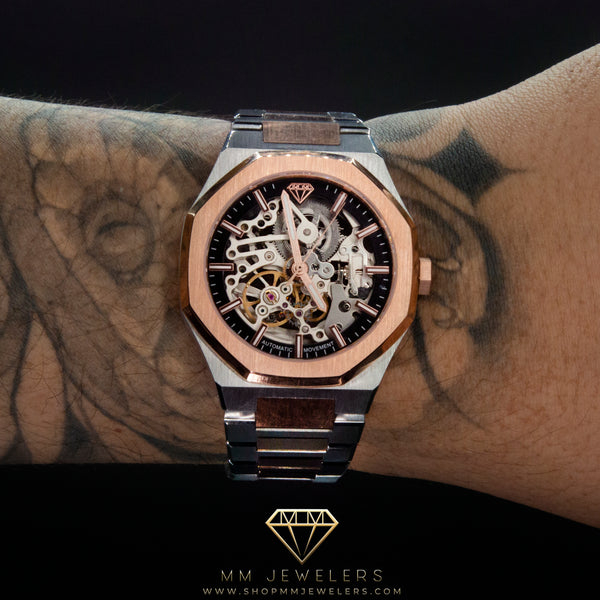 MMJ Skeleton Automatic Timepiece in Rose Gold & Silver