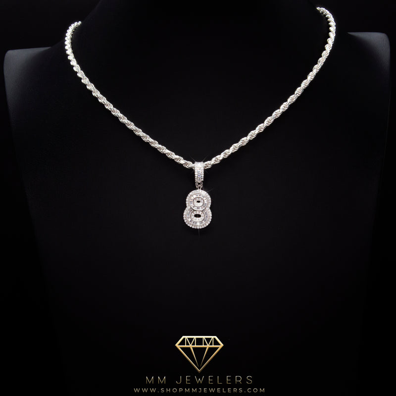 #8 Pendant & Rope Chain in Sterling Silver