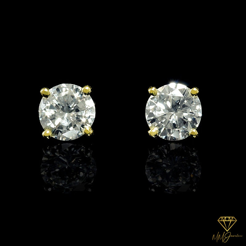 Sterling Silver Round Cut Solitaire Studded Earrings in Yellow Gold